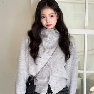 Erin avant-fit high-neck button hooded wool knit zip-up cardigan