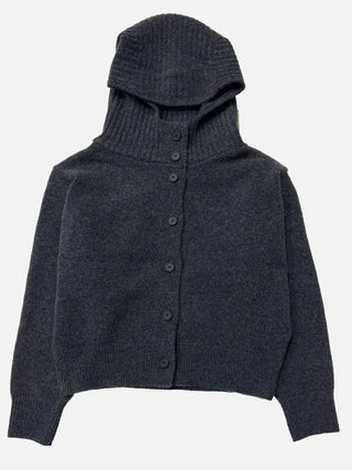 Erin avant-fit high-neck button hooded wool knit zip-up cardigan