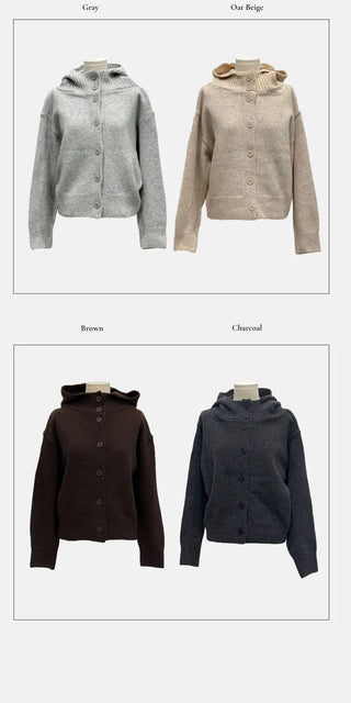 Erin avant-fit high-neck button hooded wool knit zip-up cardigan