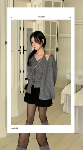 Miora Button Halter Bustier Knit A-Line Loose Fit Cardigan Set