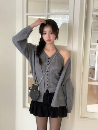 Miora Button Halter Bustier Knit A-Line Loose Fit Cardigan Set