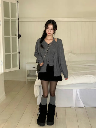 Miora Button Halter Bustier Knit A-Line Loose Fit Cardigan Set