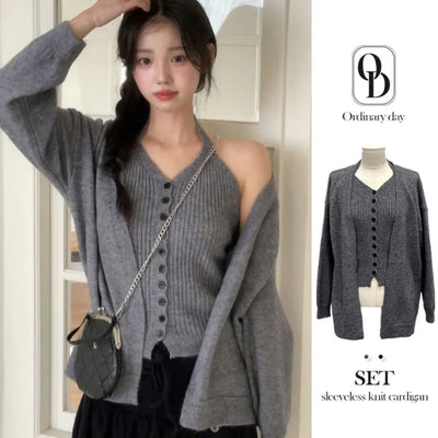 Miora Button Halter Bustier Knit A-Line Loose Fit Cardigan Set