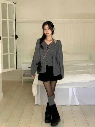 Miora Button Halter Bustier Knit A-Line Loose Fit Cardigan Set