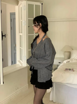 Miora Button Halter Bustier Knit A-Line Loose Fit Cardigan Set