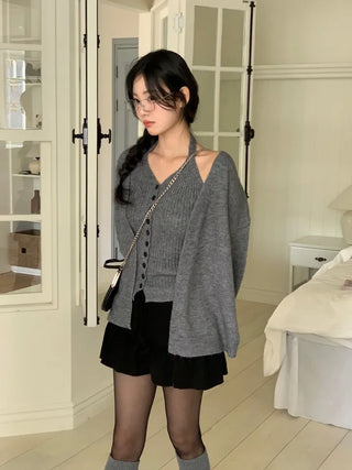 Miora Button Halter Bustier Knit A-Line Loose Fit Cardigan Set