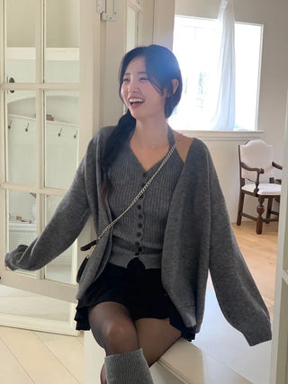 Miora Button Halter Bustier Knit A-Line Loose Fit Cardigan Set