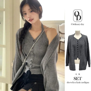 Miora Button Halter Bustier Knit A-Line Loose Fit Cardigan Set