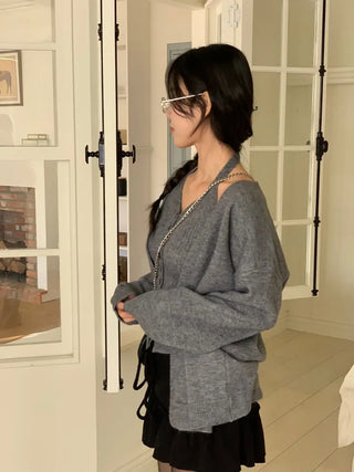 Miora Button Halter Bustier Knit A-Line Loose Fit Cardigan Set