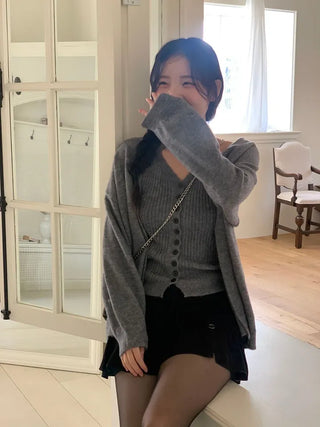 Miora Button Halter Bustier Knit A-Line Loose Fit Cardigan Set