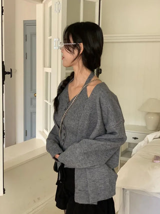Miora Button Halter Bustier Knit A-Line Loose Fit Cardigan Set