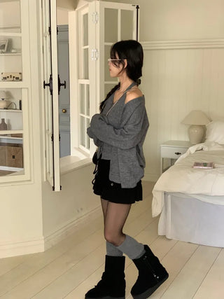 Miora Button Halter Bustier Knit A-Line Loose Fit Cardigan Set