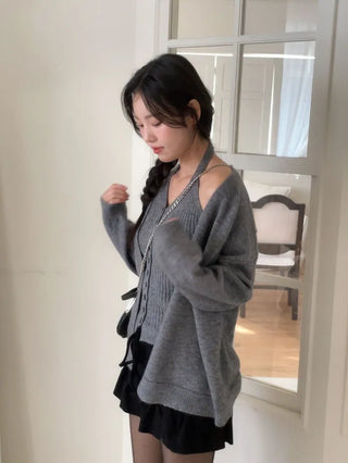 Miora Button Halter Bustier Knit A-Line Loose Fit Cardigan Set