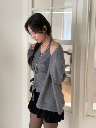 Miora Button Halter Bustier Knit A-Line Loose Fit Cardigan Set