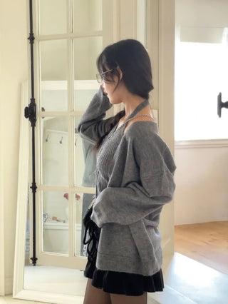 Miora Button Halter Bustier Knit A-Line Loose Fit Cardigan Set