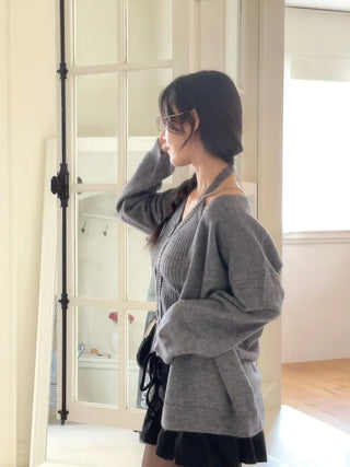 Miora Button Halter Bustier Knit A-Line Loose Fit Cardigan Set