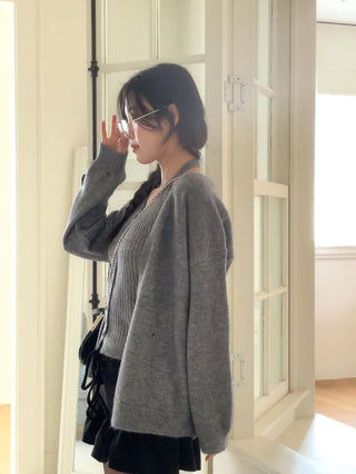 Miora Button Halter Bustier Knit A-Line Loose Fit Cardigan Set