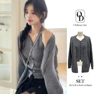 Miora Button Halter Bustier Knit A-Line Loose Fit Cardigan Set