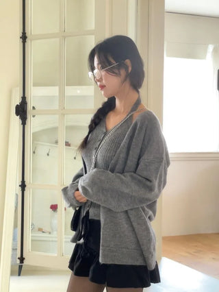 Miora Button Halter Bustier Knit A-Line Loose Fit Cardigan Set