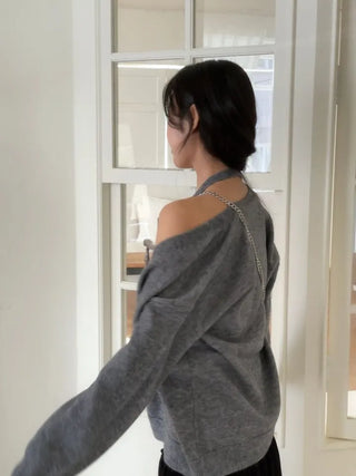 Miora Button Halter Bustier Knit A-Line Loose Fit Cardigan Set