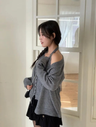 Miora Button Halter Bustier Knit A-Line Loose Fit Cardigan Set
