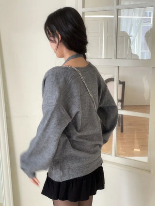Miora Button Halter Bustier Knit A-Line Loose Fit Cardigan Set