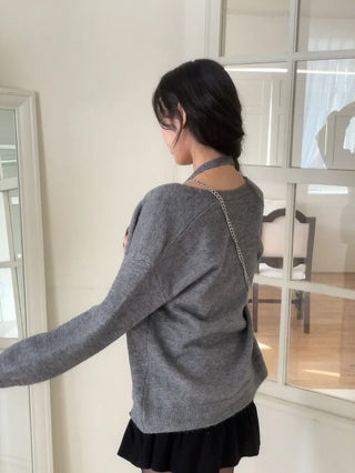 Miora Button Halter Bustier Knit A-Line Loose Fit Cardigan Set