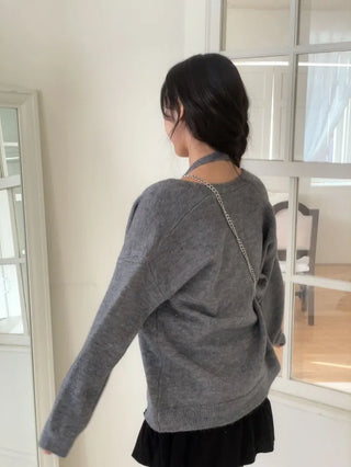 Miora Button Halter Bustier Knit A-Line Loose Fit Cardigan Set