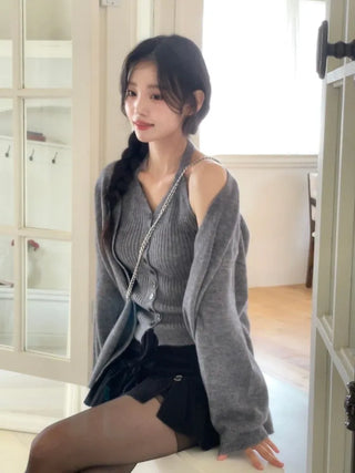 Miora Button Halter Bustier Knit A-Line Loose Fit Cardigan Set