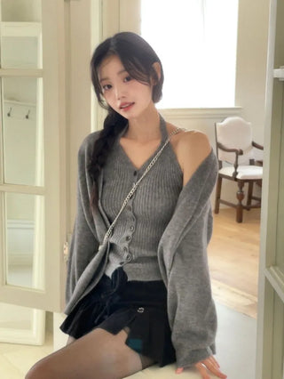 Miora Button Halter Bustier Knit A-Line Loose Fit Cardigan Set