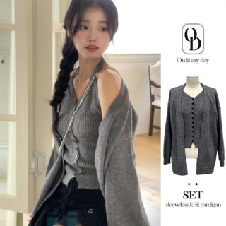 Miora Button Halter Bustier Knit A-Line Loose Fit Cardigan Set