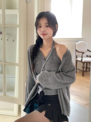 Miora Button Halter Bustier Knit A-Line Loose Fit Cardigan Set