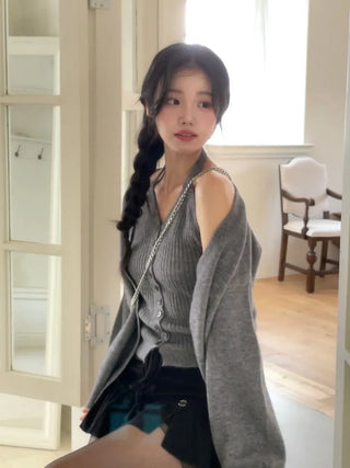 Miora Button Halter Bustier Knit A-Line Loose Fit Cardigan Set