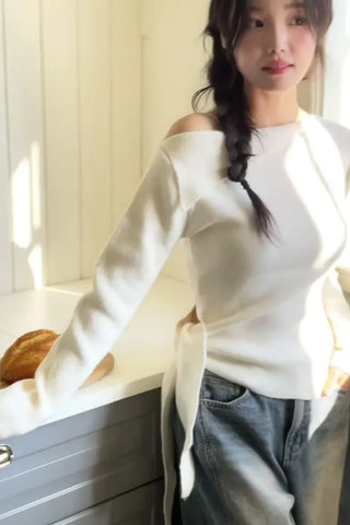 Ayuki's sexy glam fit waist ribbon off-shoulder collar neck ribbed knit