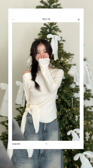 Ayuki's sexy glam fit waist ribbon off-shoulder collar neck ribbed knit