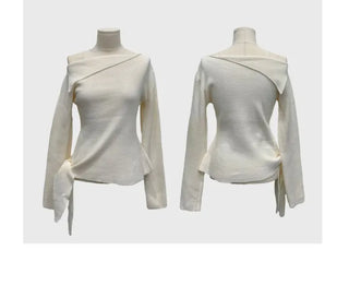 Ayuki's sexy glam fit waist ribbon off-shoulder collar neck ribbed knit