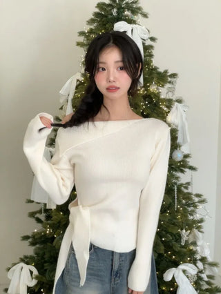 Ayuki's sexy glam fit waist ribbon off-shoulder collar neck ribbed knit