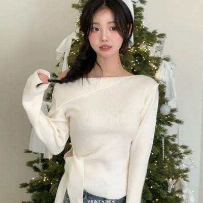 Ayuki's sexy glam fit waist ribbon off-shoulder collar neck ribbed knit