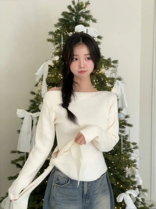 Ayuki's sexy glam fit waist ribbon off-shoulder collar neck ribbed knit