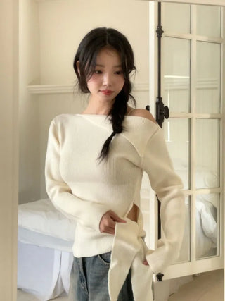 Ayuki's sexy glam fit waist ribbon off-shoulder collar neck ribbed knit