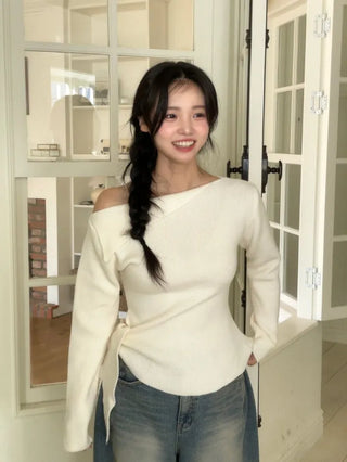 Ayuki's sexy glam fit waist ribbon off-shoulder collar neck ribbed knit