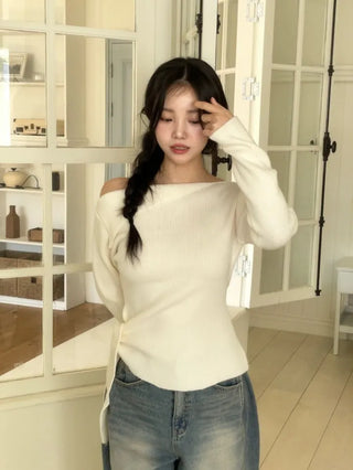 Ayuki's sexy glam fit waist ribbon off-shoulder collar neck ribbed knit
