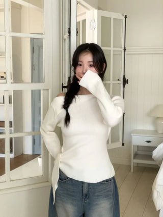 Ayuki's sexy glam fit waist ribbon off-shoulder collar neck ribbed knit