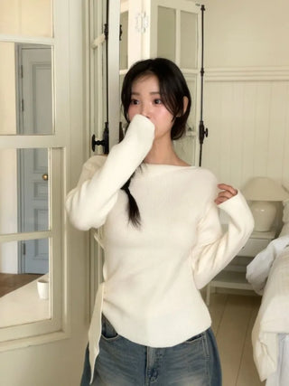 Ayuki's sexy glam fit waist ribbon off-shoulder collar neck ribbed knit