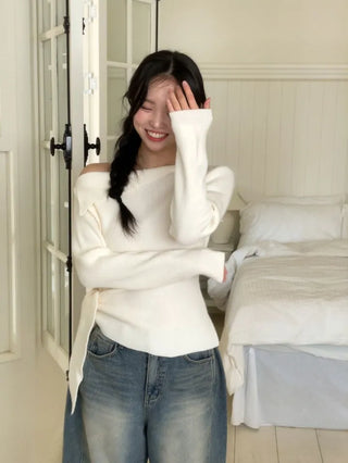 Ayuki's sexy glam fit waist ribbon off-shoulder collar neck ribbed knit