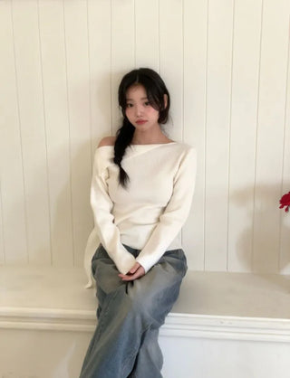 Ayuki's sexy glam fit waist ribbon off-shoulder collar neck ribbed knit