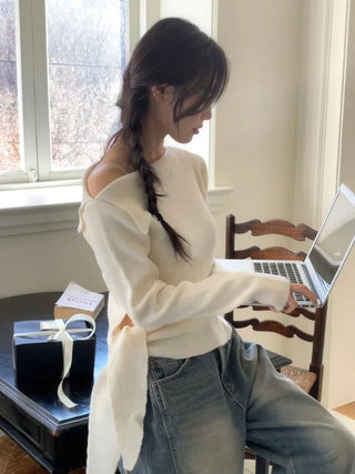Ayuki's sexy glam fit waist ribbon off-shoulder collar neck ribbed knit