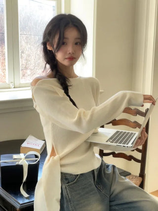 Ayuki's sexy glam fit waist ribbon off-shoulder collar neck ribbed knit
