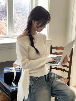 Ayuki's sexy glam fit waist ribbon off-shoulder collar neck ribbed knit