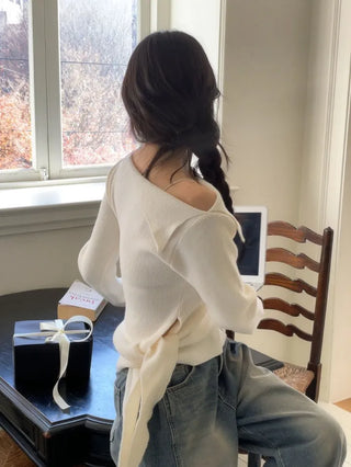 Ayuki's sexy glam fit waist ribbon off-shoulder collar neck ribbed knit